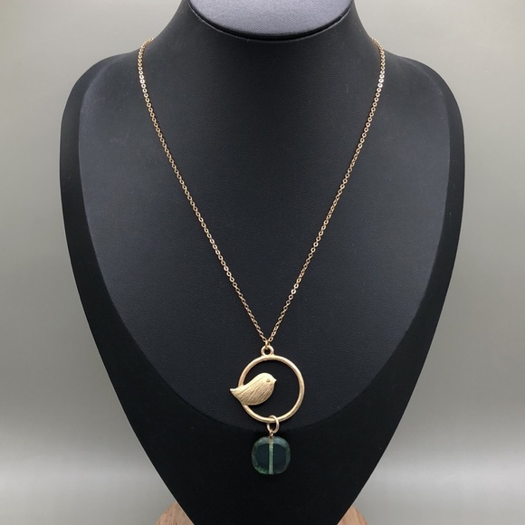 Brushed gold tone bird jewelry set necklace and earrings art glass bead NWOT - Picture 7 of 7